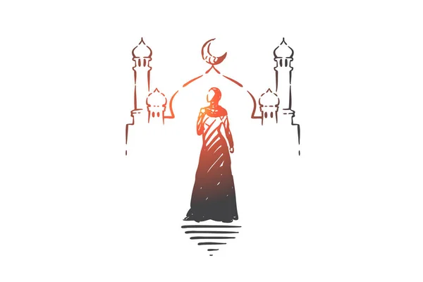 Muslim woman visiting mosque concept sketch. Hand drawn isolated vector — ストックベクタ