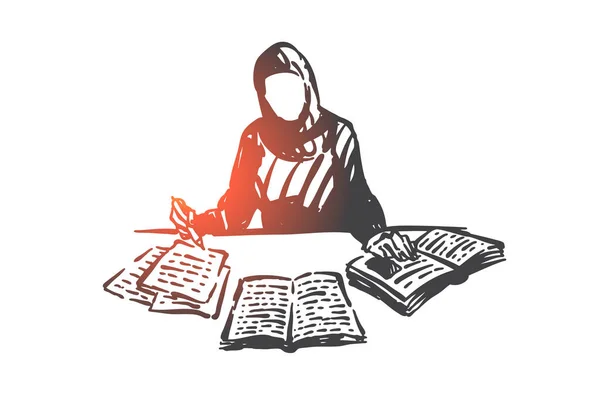 Pendidikan Sketsa Konsep Wanita Muslim. Tangan digambar vektor terisolasi - Stok Vektor
