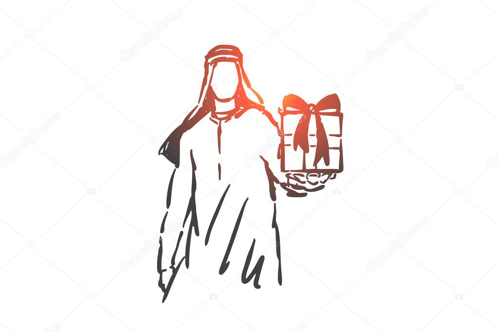 Muslim man holding gift box concept sketch. Hand drawn isolated vector