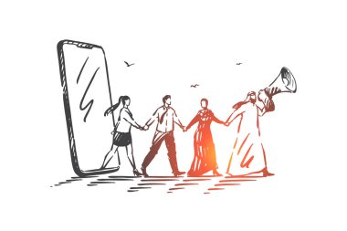 Liderlik, takım çalışması ve ağ konsepti çizimi. Elle çizilmiş izole vektör