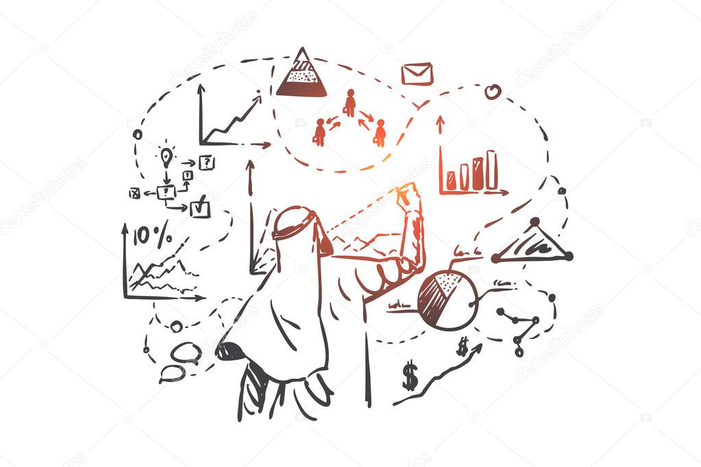 Business analytics, analysis concept sketch. Hand drawn isolated vector
