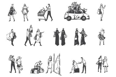 Alışveriş günü, insanlar satın alma konsepti çiziyorlar. El çizimi izole vektör