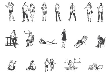 Telefon iletişimi, akıllı telefon konsepti olan insanlar. El çizimi izole vektör