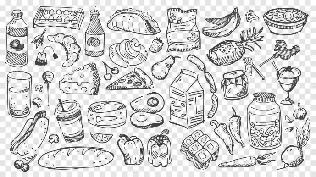 Hand drawn meal doodles set