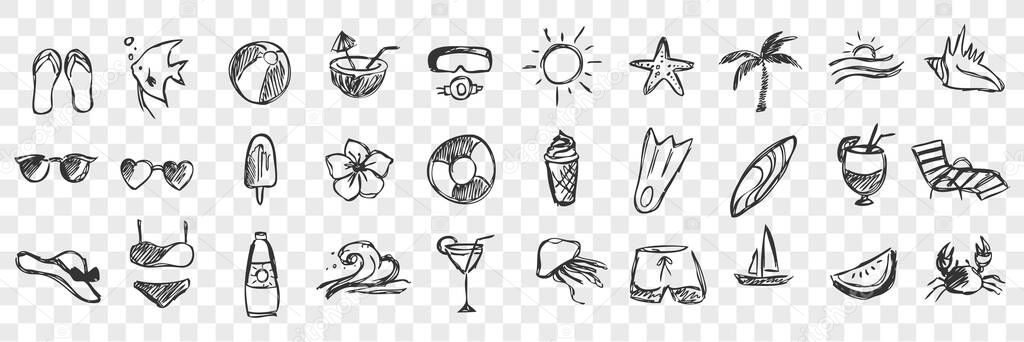 Hand Drawn Summer Symbols Doodle Set Collection Of Pen Ink Pencil Drawing Sketches Tropical Clothes And Ocean Fish Isolated On Transparent Background Patterns Of Vacation Outfit And Sea Animals Premium Vector