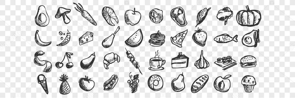 Hand drawn food doodle set
