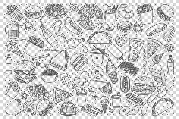 Pengaturan doodle makanan cepat saji - Stok Vektor