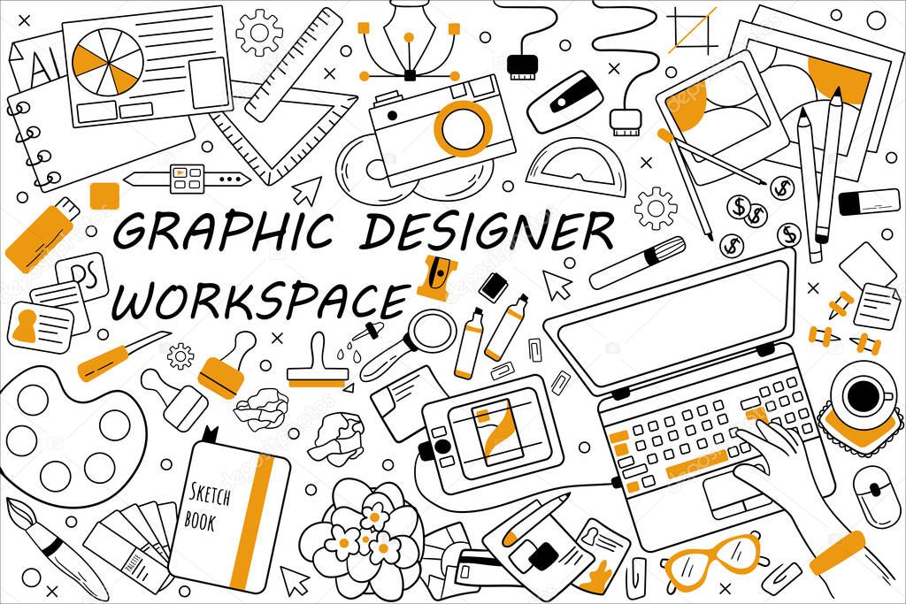 Graphic designer workspace doodle set