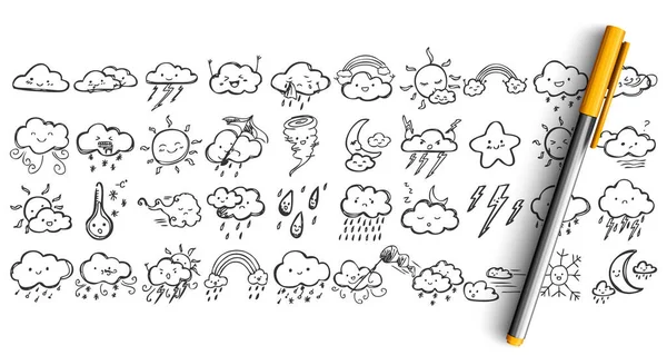 Condiciones meteorológicas doodle set — Vector de stock