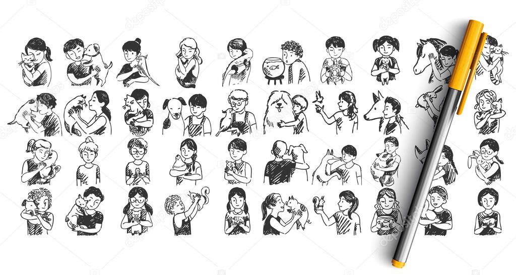 Kids With Pets Doodle Set Colelction Of Pen Pencil Ink Hand Drawn Sketches Templates Pattern Of Children Boys Girls With Domestic Animals Dogs Cats Horses Pigs Hamsters Illustration Of Human Friends Kids With Pets Doodle Set Colelction Of Pen Pencil Ink Hand Drawn Sketches Templates Pattern Of Children Boys Girls With Domestic Animals Dogs Cats Horses Pigs Hamsters Illustration Of Human Friends