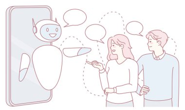 Ekranda gösterilen neşeli ve dost canlısı bir robotla keyifli bir sohbete girişen bir çift.