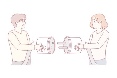Man and woman connect electric plug into pocket look for solution together. Happy people brainstorm engaged in teamwork solve problem. Vector illustration.