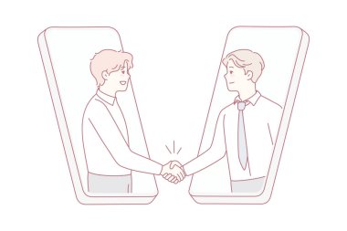 Smiling businessmen shake hands on smartphone screens close deal online. Happy business partners handshake make agreement on internet. Remote business. Vector illustration.