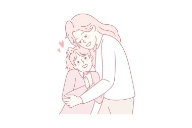 Happy mother hugging small daughter show love and care. Smiling young mom cuddle embrace little girl child. Motherhood and parenthood. Vector illustration.