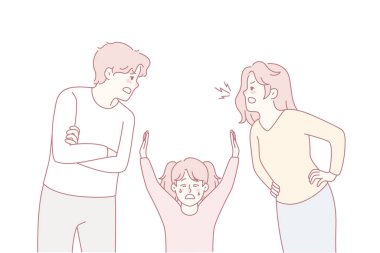 Unhappy little kid suffer from parents arguing. Small child struggle with mom and dad fighting. Domestic violence effect on children. Vector illustration.