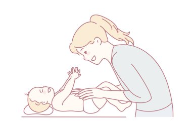 Smiling young mother playing with newborn baby. Happy mom have fun caress infant on table. Motherhood and parenthood. Vector illustration.