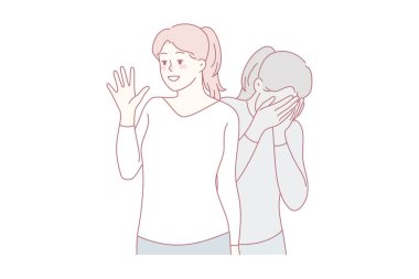 Girl pretending happy and smiling suffering from depression mental breakdown. Young woman struggle with psychology problems inside. Vector illustration.