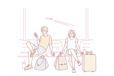 Happy couple with suitcases sitting in airport ready for summer vacation. Smiling man and woman with baggage excited about traveling. Tourism concept. Vector illustration.