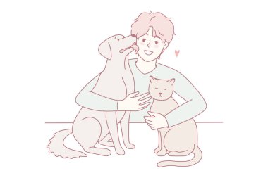 Happy man with cat and dog showing love and care. Smiling guy with pets enjoy domestic animals company. Vector illustration.