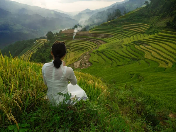 Woman White Rice Terrace Northern Vietnam — Stock Photo, Image