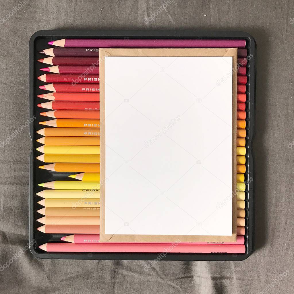 Blank Postcard with Envelope and Colored Pencils