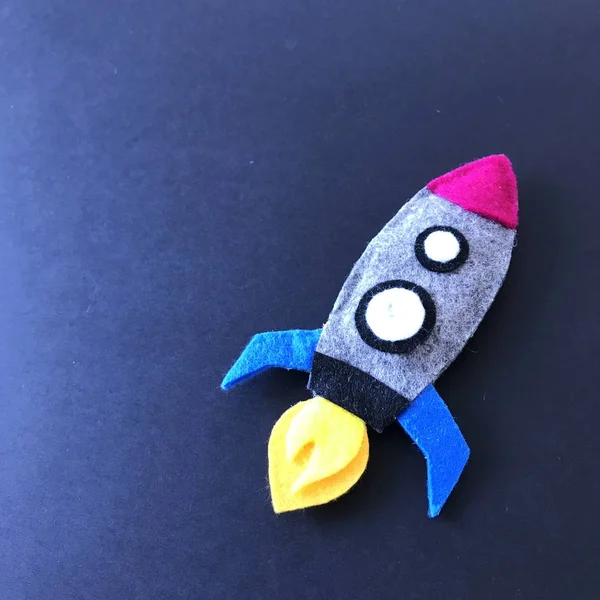 Felted Toy Rocket Spaceship Close Up on Black — Stock Photo, Image