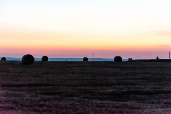 Východ slunce nad polem pšenice s balany — Stock fotografie