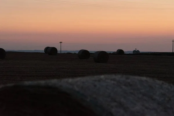 Salida del sol sobre un campo de trigo con fardos — Foto de Stock