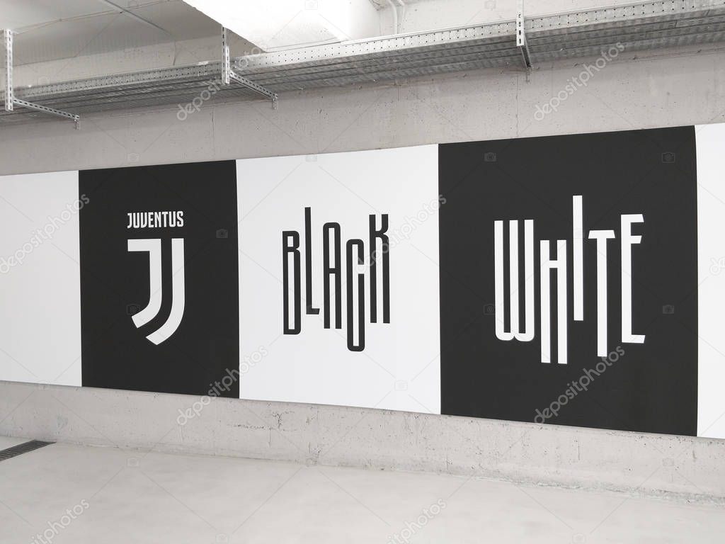 Turin, Italy - September 29, 2018: View of a graffiti inside the Allianz Stadium with the motto of Juventus. The Stadium is the field where Juventus plays its home matches