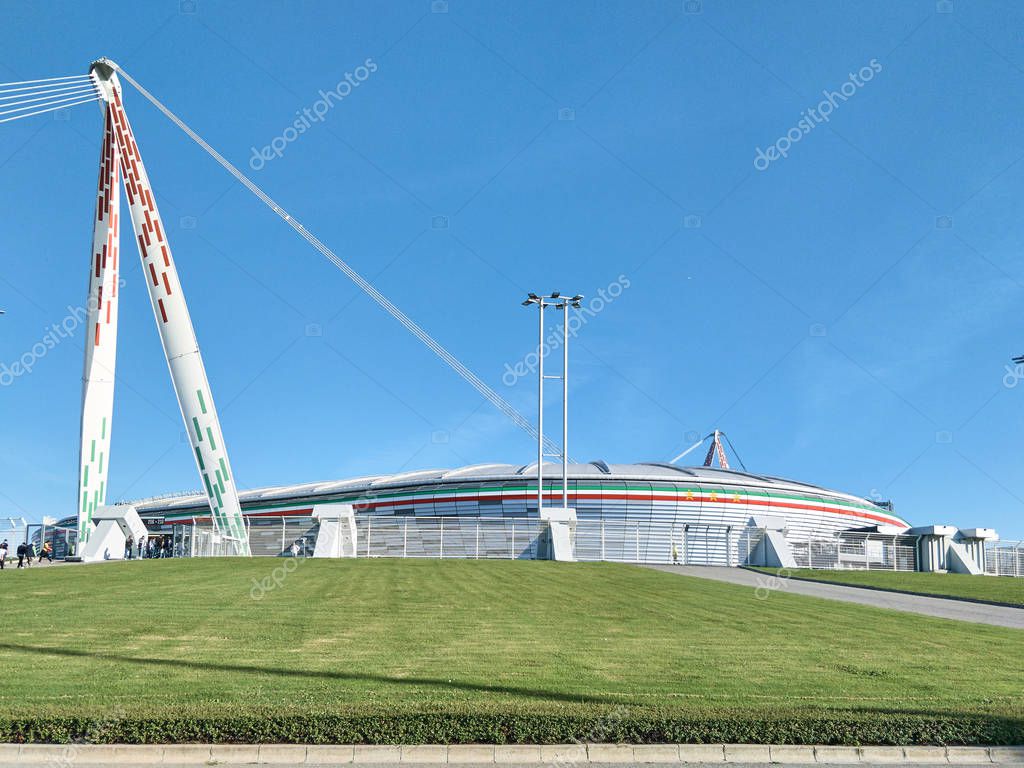 View of the Allianz Stadium, the field where Juventus plays its home matches. The shot is taken in a sunny day before the Serie A match Juve-Napoli