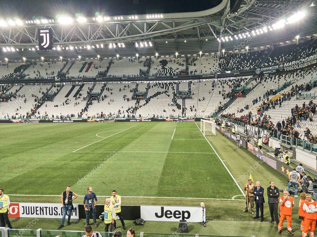 Turin, Italy - September 29, 2018: View of the Allianz Stadium, the field where Juventus plays its home matches. The shot is taken during a Serie A match day