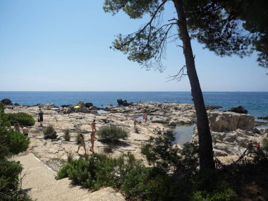 Dubrovnik, Hırvatistan - 06 Temmuz 2018: Güneşli bir yaz gününde Lokrum adasında güzel bir kaya plajı manzarası. Dubrovnik, Croata