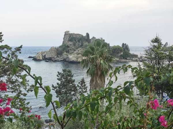 Vista Bahía Isola Bella Taormina Atardecer — Foto de Stock