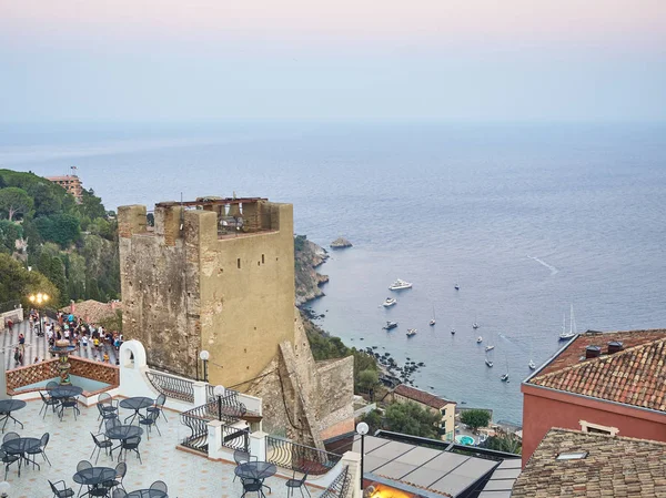 Vista Bahía Isola Bella Taormina Atardecer — Foto de Stock