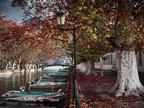 Vista Parco Autunnale Con Canale Barche Diurne — Foto Stock