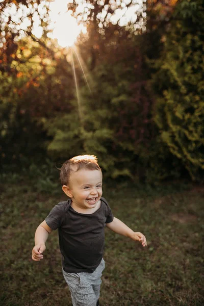 Happy Little Running Boy Sunset — Stock Photo, Image