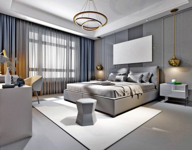 3d render. Modern otel yatak odası iç.
