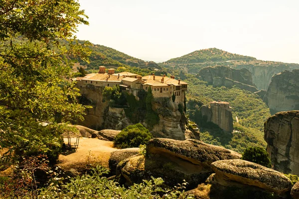 Monastery Meteora Greece Stunning Panoramic Landscape View Mountains Green Forest — Stock Photo, Image