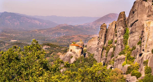 Monastery Meteora Greece Stunning Panoramic Landscape View Mountains Green Forest — Stock Photo, Image