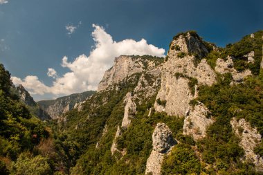 Dağlarla çevrili muhteşem bir vadi, yeşil ağaçlar ve birkaç bulutla dolu güzel mavi bir gökyüzü.