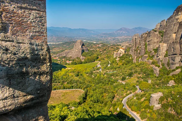 Monastery Meteora Greece Stunning Panoramic Landscape View Mountains Green Forest — Stock Photo, Image