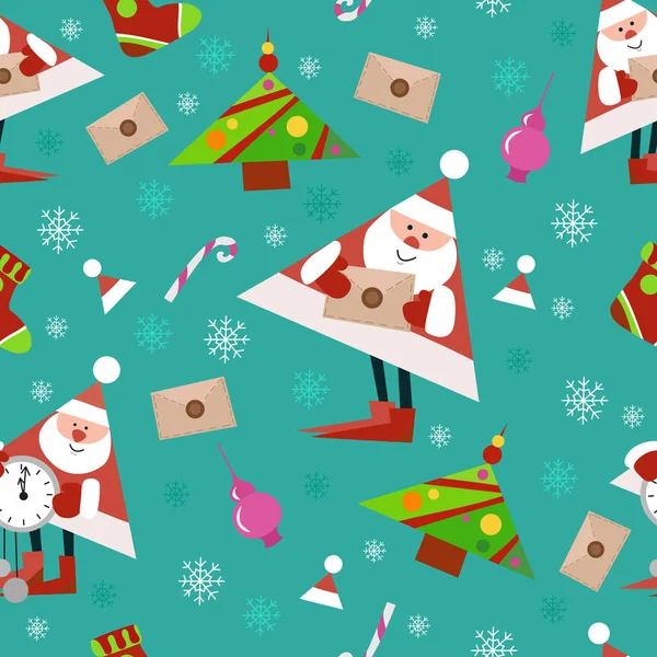Nahtloses Neujahrsmuster auf grünem Hintergrund. Bonbons, Weihnachtsbaum und Schneeflocke. Vektorillustration — Stockvektor