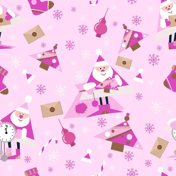 Varrat nélküli új év minta rózsaszín háttér. Santa. Candys, karácsonyfa és hópehely. vektoros illusztráció — Stock Vector