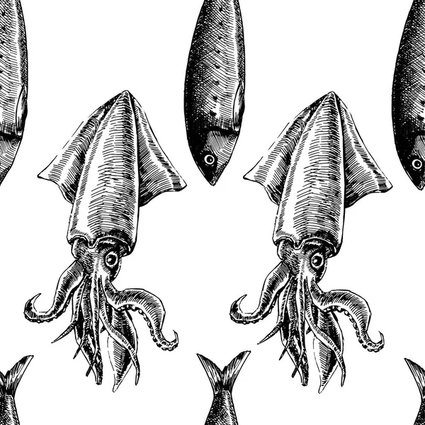 Naadloze patroon met vis en inktvis. Mariene wallpapers. Vector — Stockvector