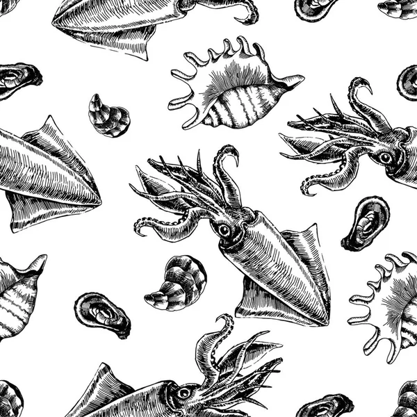 与鱿鱼和蛤的无缝模式。海洋壁纸。向量 — 图库矢量图片