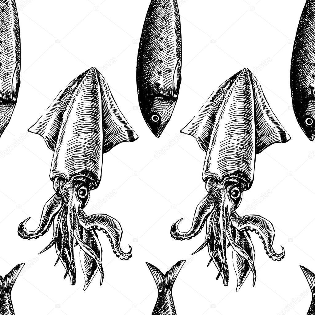 Seamless pattern with fish and squid. Marine wallpapers. Vector
