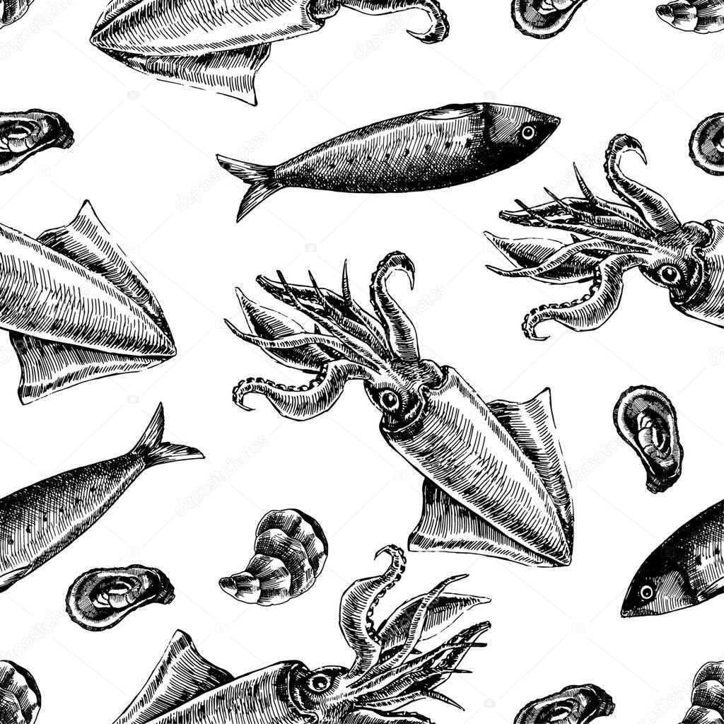 Seamless pattern with fish and shellfish. Marine wallpapers. Vector