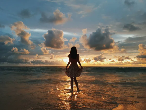 Silueta Mujer Hermosa Atmósfera Meditativa Puesta Del Sol Del Océano Imagen de stock