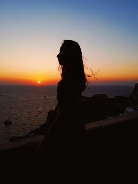 Silhouette Beautiful Woman Sunset Sea Background — Stock Photo, Image