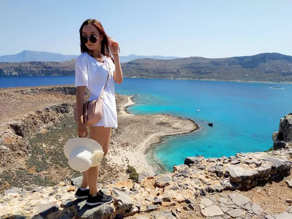 Портрет Молодой Красивой Девушки Моря Вид Воздуха Крит Греция — стоковое фото